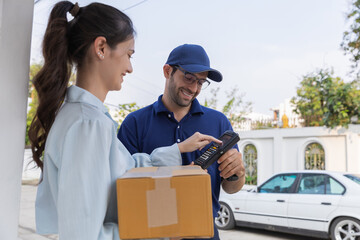 Delivery express courier young man use giving boxes or Food to woman customer  at front home