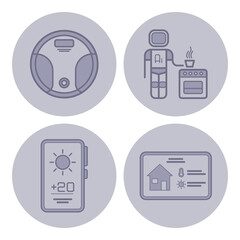 Set of line icons showcasing smart home technology. Robotic vacuum, astronaut preparing food, weather display, and smart home management panel