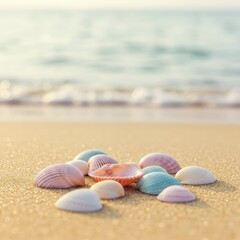 Obraz premium Pile of seashells on sandy beach with sparkling ocean waves in background during sunset. Idyllic nature scene for summer vacation banner and travel promotion.