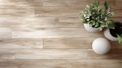 Light wood floor with natural texture and potted green plants on side, creating calm and fresh interior atmosphere with soft natural light