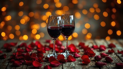 Romantic ambiance with two glasses of wine and scattered petals on an aged rustic wood surface