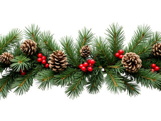 Lush Green Christmas Pine Garland Decorated with Brown Pine Cones and Red Berries isolated on a transparent background