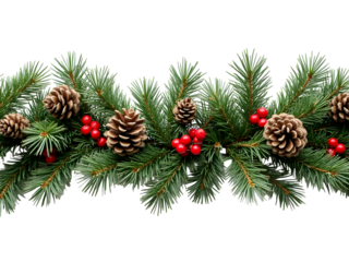 Lush Green Christmas Pine Garland Decorated with Brown Pine Cones and Red Berries isolated on a transparent background