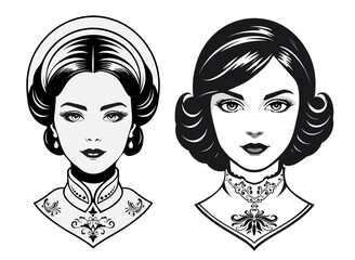 Set of Edwardian hairstyle with voluminous updo bonnet and chin length with curled hair tips. Intricate collar embroidery. 1900s hairstyle and fashion.