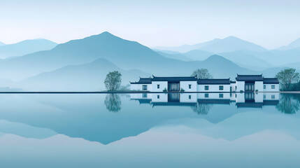 Fototapeta premium Minimalist Chinese traditional Hui style white wall house landscape painting