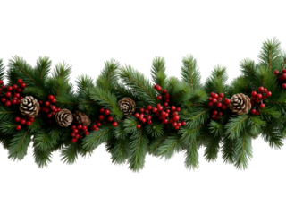 Lush Green Christmas Pine Garland with Red Berries and Brown Pine Cones Isolated on a transparent background