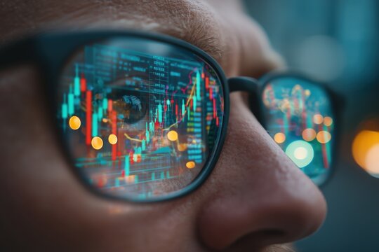 Stock market data and candlestick charts reflected in the glasses of a financial trader.