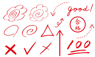 花丸　筆文字　テスト採点　手描きセット	