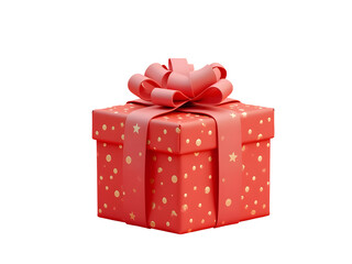 Red Gift Box with Gold Dots and Stars Wrapped with a Red Ribbon Bow Isolated on a transparent background