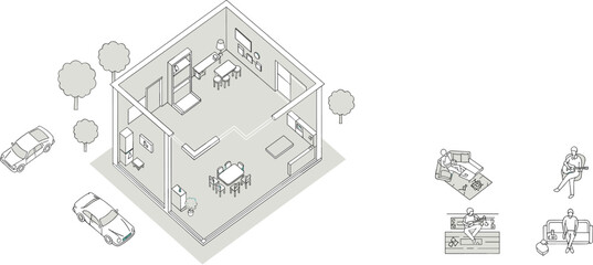 Modern minimalistic interior design in isometric view with living room, dining area, office space, cars outside, and people engaging in hobbies, work, and relaxation