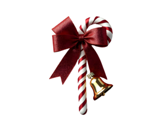 Red Glitter Bow Adorning Candy Cane with Gold Bell Christmas Ornament Isolated on a Transparent Background