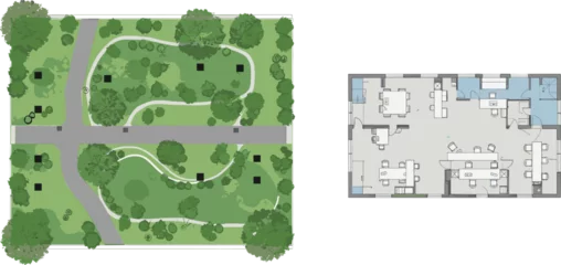 Gordijnen Olijf Modern park landscape layout with curved pathways, greenery, trees, and building office floor plan design for architectural, landscape, and urban planning purposes, top-down view  © Titan