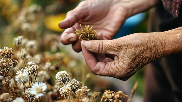 Aged hands carefully collect seed from dried flowers