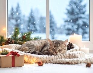 Cozy cat napping by window on snowy day