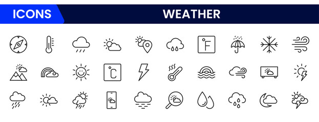 Clean vector web line icons depicting weather forecasts, sun, rain, clouds, temperature, and meteorological data for accurate predictions.