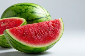 Three watermelons are shown a full watermelon and two cut slices revealing the fruits red interior