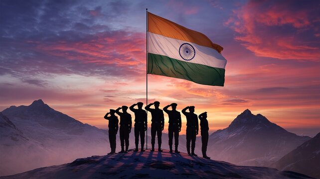 Indian soldiers saluting the national flag on a mountain during sunset, kargil vijay diwas illustration