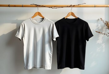 White and Black T-Shirts Hanging on Wooden Rack with Greenery, Tshirt, mockup
