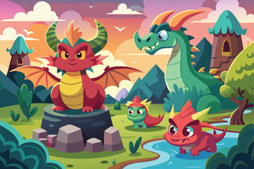 Obraz premium Cartoon illustration of a funny dragon and a baby dragon with a gift, surrounded by nature, perfect for a happy holiday design