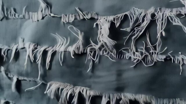 Abstract textile art featuring frayed white threads on a textured blue background, showcasing intricate patterns and creative design elements