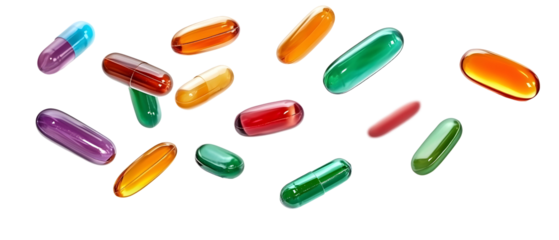A collection of colorful capsules and pills scattered, representing various medications and supplements for health and wellness.