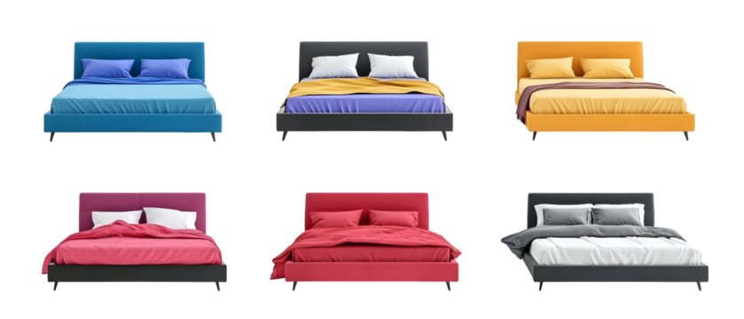 A collection of six stylish beds in various colors and designs, showcasing modern bedroom furniture options for interior decoration and design inspiration.