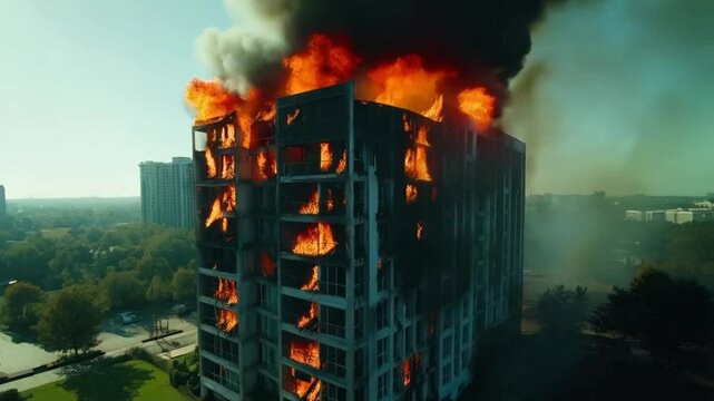 Inferno: A towering building engulfed in a raging inferno. Flames leap from windows, belching dark smoke into the sky, creating a scene of dramatic destruction. 