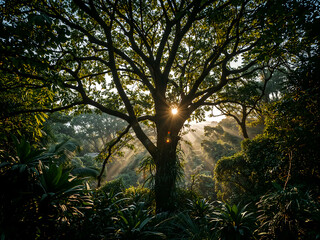 Obraz premium Sunlight streaming through a lush tropical canopy creating a magical, ethereal effect in the vibrant jungle, perfect for nature enthusiasts