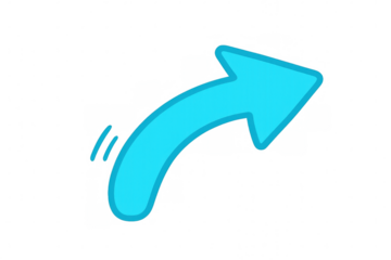 Cartoon-style light blue curved arrow pointing to the right, with motion lines near the tail, on a transparent background