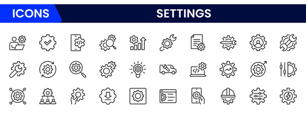 Sleek vector web line icons depicting settings, maintenance, tools, configurations, and system optimization for seamless digital performance and upkeep.