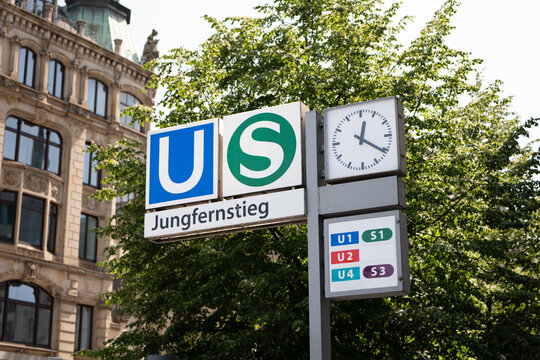 HAMBURG, GERMANY - 14. June 2025: Hamburg Jungfernstieg train station in the city center. Sign of the entrance to the public transportation. Line S1 and S3 are departing here and the underground.