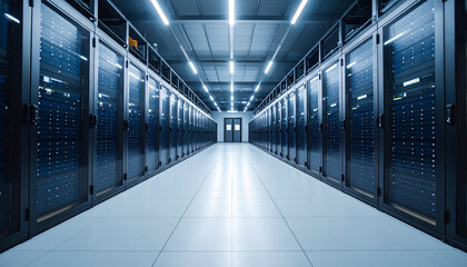 Modern Data Center Server Racks Operating in a Dark High Tech Facility &ndash; Cloud and Network Infrastructure

