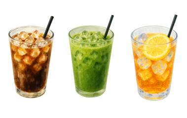 Refreshing Summer Iced Drinks Trio – Coffee, Matcha, and Lemon Tea Watercolor Illustration