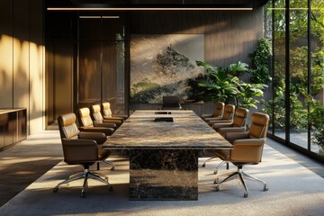 Modern luxury boardroom with marble table and green wall