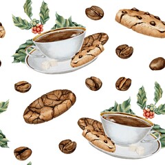 Seamless watercolor pattern with coffee cups, cookies, roasted beans, sugar cubes, and coffee plant leaves on a white background. Great for packaging, cafe branding, kitchen textiles, and gift wrap