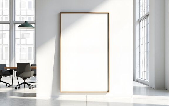 Blank poster mockup on white wall in modern office interior with glass meeting room and minimalist furniture in bright clean layout concept. 3D Rendering,. High quality