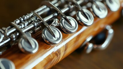Obraz premium Close-up of a Flute: Detail of Keys and Wood Grain on Musical Instrument