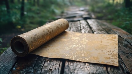 Decorative floral paper roll on weathered wooden table in blurred forest setting
