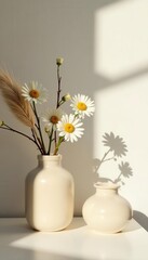 Beige ceramic vases, dried daisies, sunlit shadow Minimalist Scandinavian decor , room, backdrop