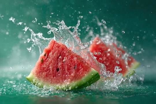 Two watermelon slices get splashed with water