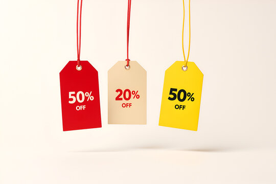 Colorful Discount Sale Tags Hanging on Strings with 20 and 50 Percent Off Offers on Light Background for E-commerce and Marketing Promotions