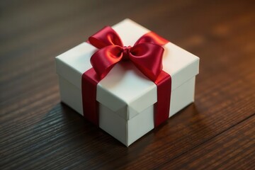 Obraz premium Elegant gift box on smooth wood, ample copy space , table, dark wood, white box