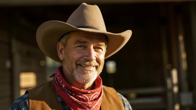Friendly senior cowboy with a grey beard tipping his hat and smiling. Mature man in western attire at a ranch during golden hour. American West tradition.