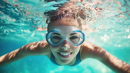 Fototapeta premium A young woman in a blue swimsuit is swimming underwater, wearing goggles and smiling.