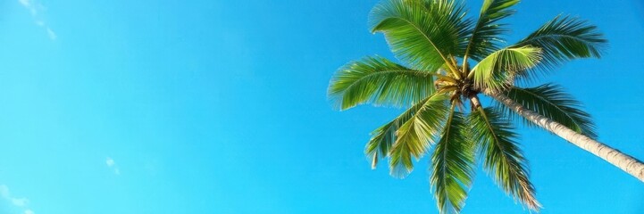 Tall palm tree against vibrant blue sky, lush green leaves Sunny paradise island landscape , hot, plant