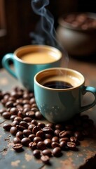 Fototapeta premium Two steaming coffee cups, roasted beans scattered on rustic stone , still life photography, marble, comfort