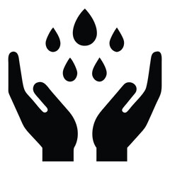 Silhouette of hands (no face visible) cupped together, with stylized raindrops falling into them. Represents a gentle connection with rain and the sensory experience of monsoon. Vector.
