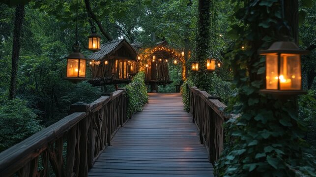 Enchanting treehouse village with cozy lanterns illuminating the wooden pathway - Powered by Adobe