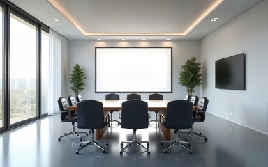 Spacious, modern conference room featuring sleek lines, bright lighting, and minimalist design elements, creating professional. High quality