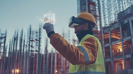 Construction worker uses virtual reality to visualize building design.